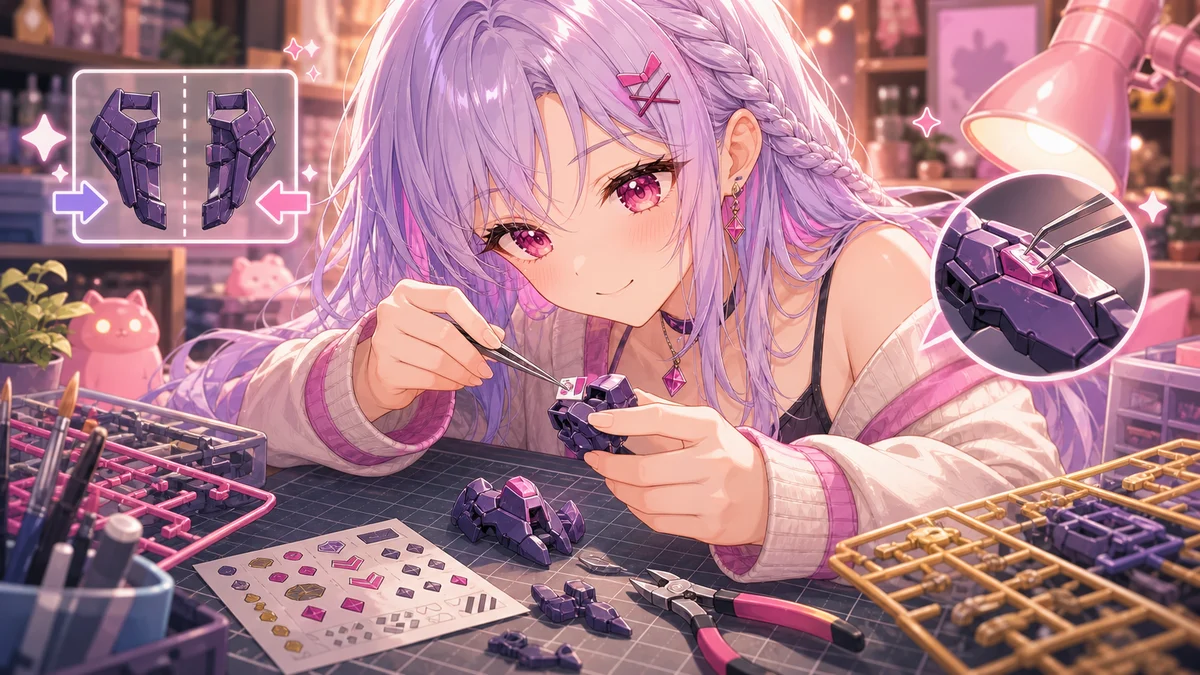 小さなシールと細いパーツを慎重に扱う女性キャラクターの手元を中心にしたイメージ