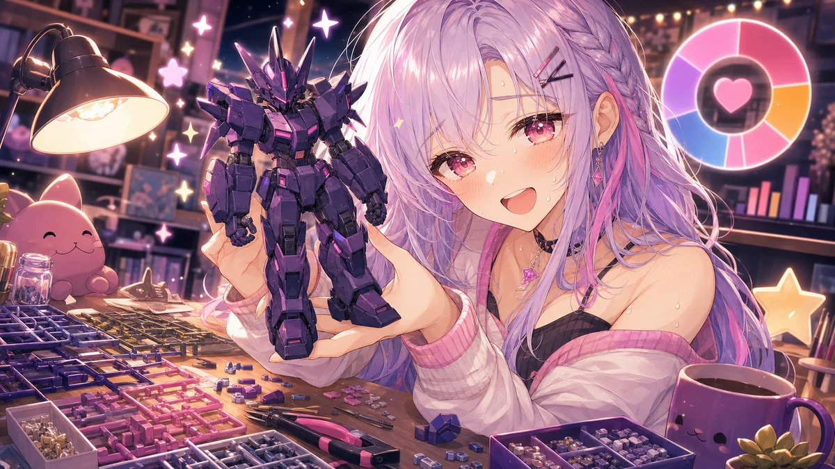 完成間近のプラモデルを見せながら達成カウンターを確認する女性キャラクターのイメージ