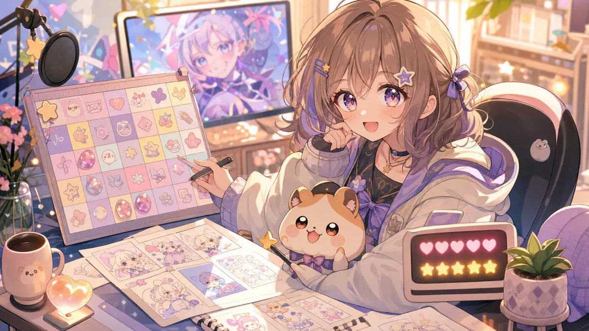 明るい配信机でビンゴカードとサムネ案を並べるオリジナルキャラクターのイメージ
