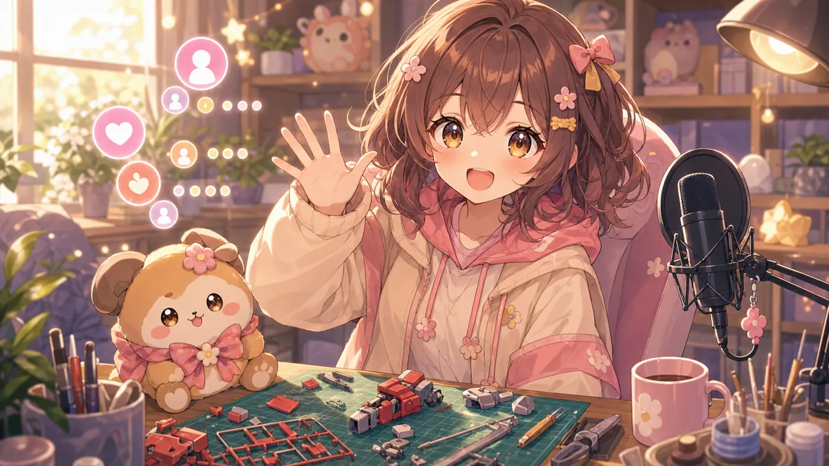 赤い模型パーツと配信メモを前に初見コメントを迎えるオリジナルキャラクターのイメージ