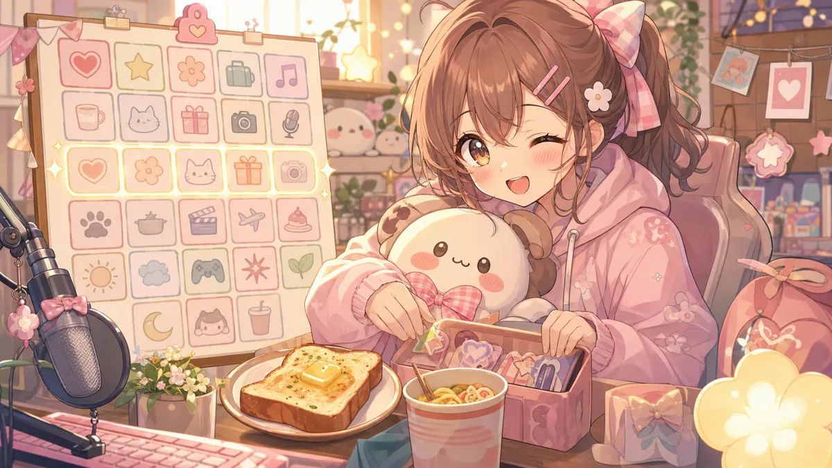 昼配信の終盤にビンゴ達成カードとファンクラブ告知メモを片付けるオリジナルキャラクターのイメージ
