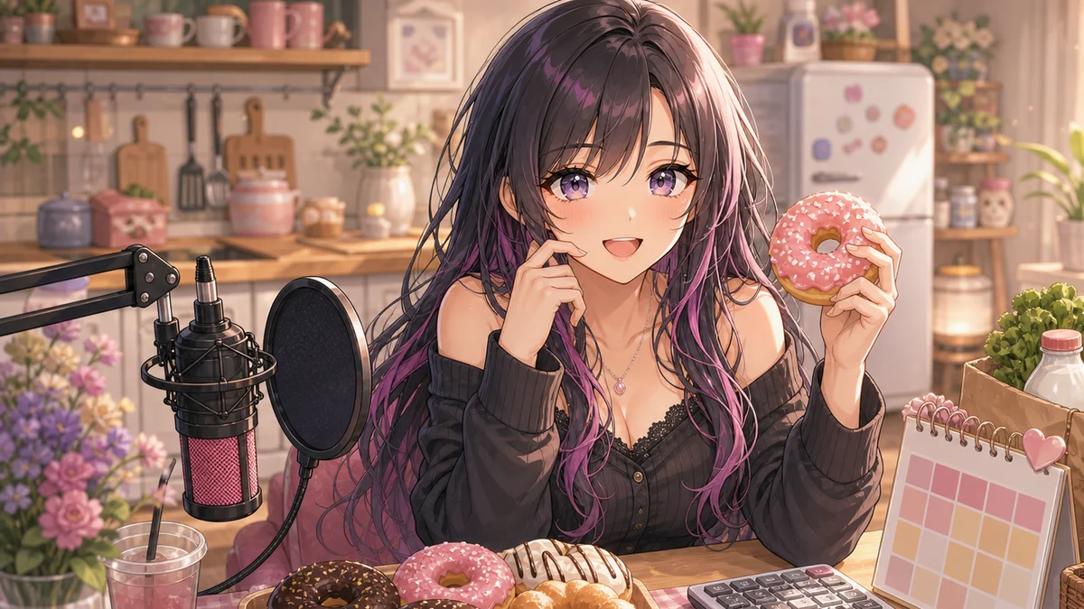明るいキッチンの配信机でドーナツと電卓を前に笑う女性キャラクターのイメージ