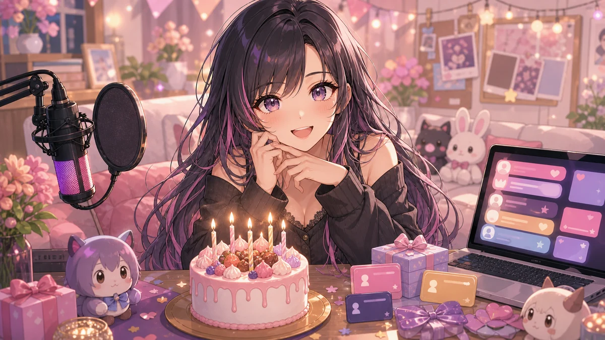 誕生日ケーキと小さなギフトを置いた配信机でうれしそうに話す女性キャラクターのイメージ