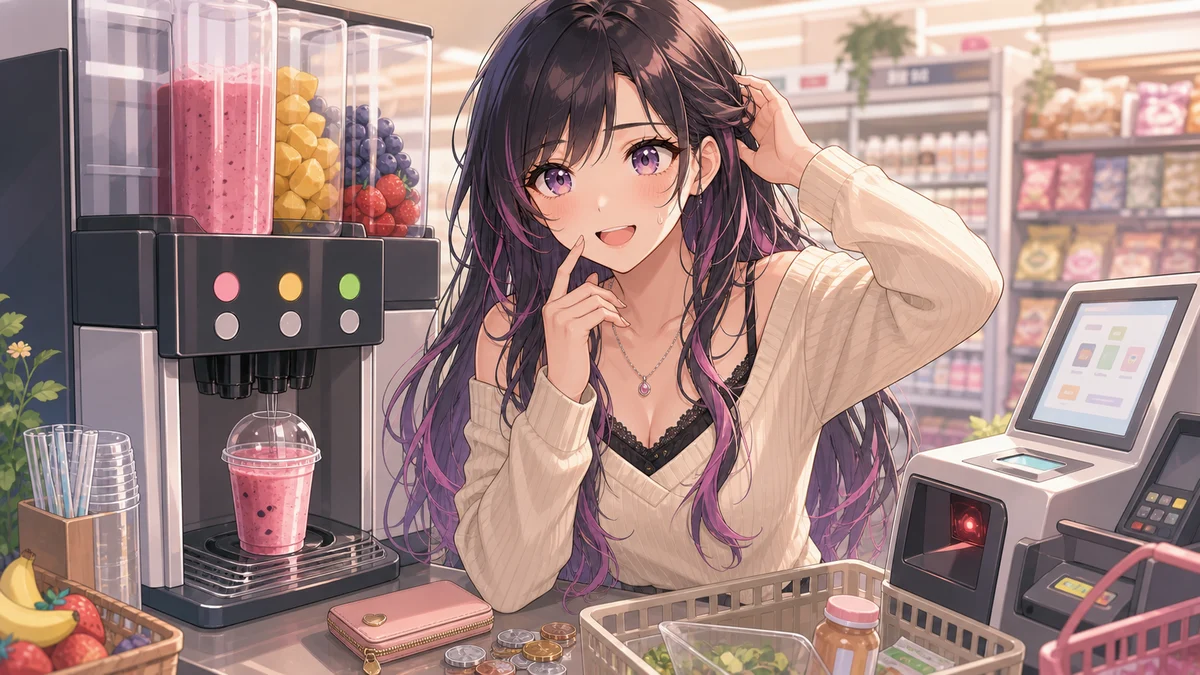 明るいコンビニ風のカウンターでスムージー機械とセルフレジを前に少し照れた女性キャラクターのイメージ