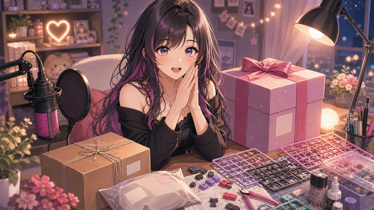 夜の配信机でギフト箱と無地の荷物とプラモデル工具を前に感謝する女性キャラクターのイメージ