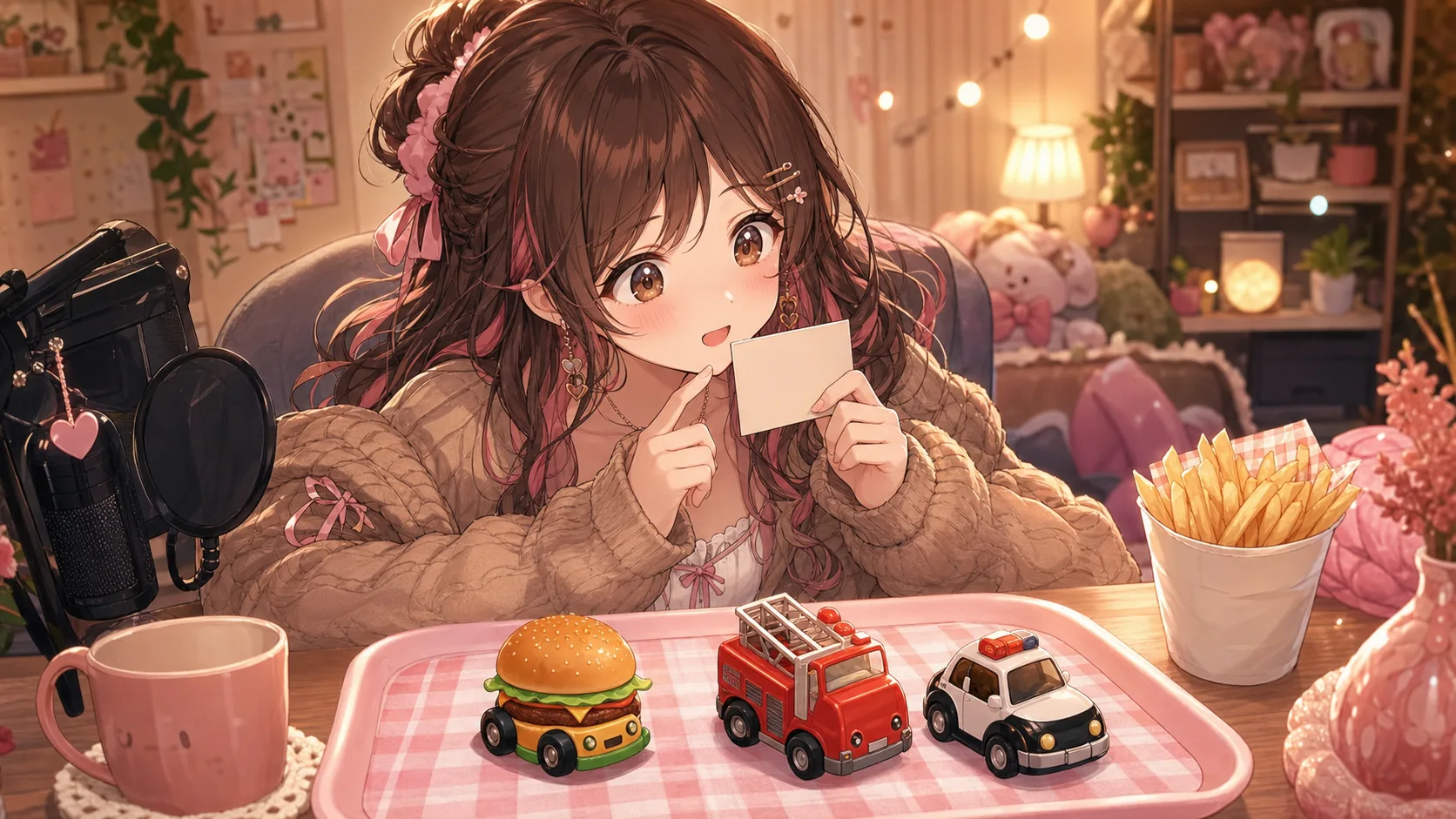 ハッピーセットの箱と小さな車のおもちゃを前に悩むオリジナル女性キャラクターのイメージ