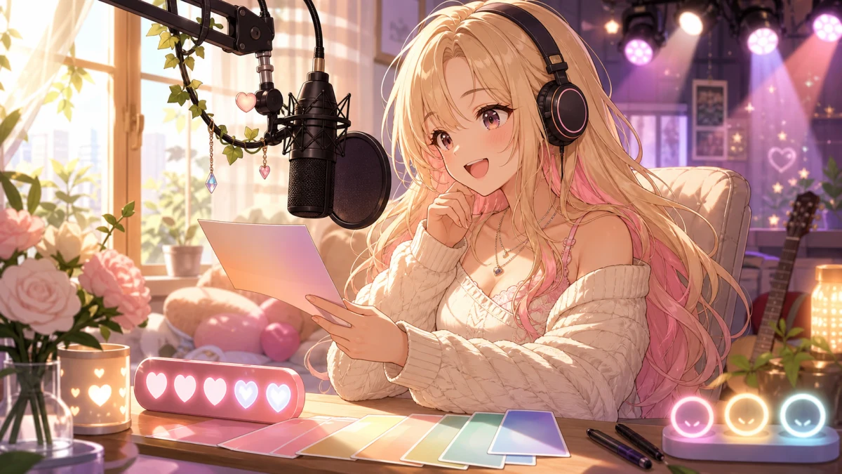 配信部屋で女性キャラクターがマイクと高評価カウンターを見ながら曲順メモを整えるイメージ
