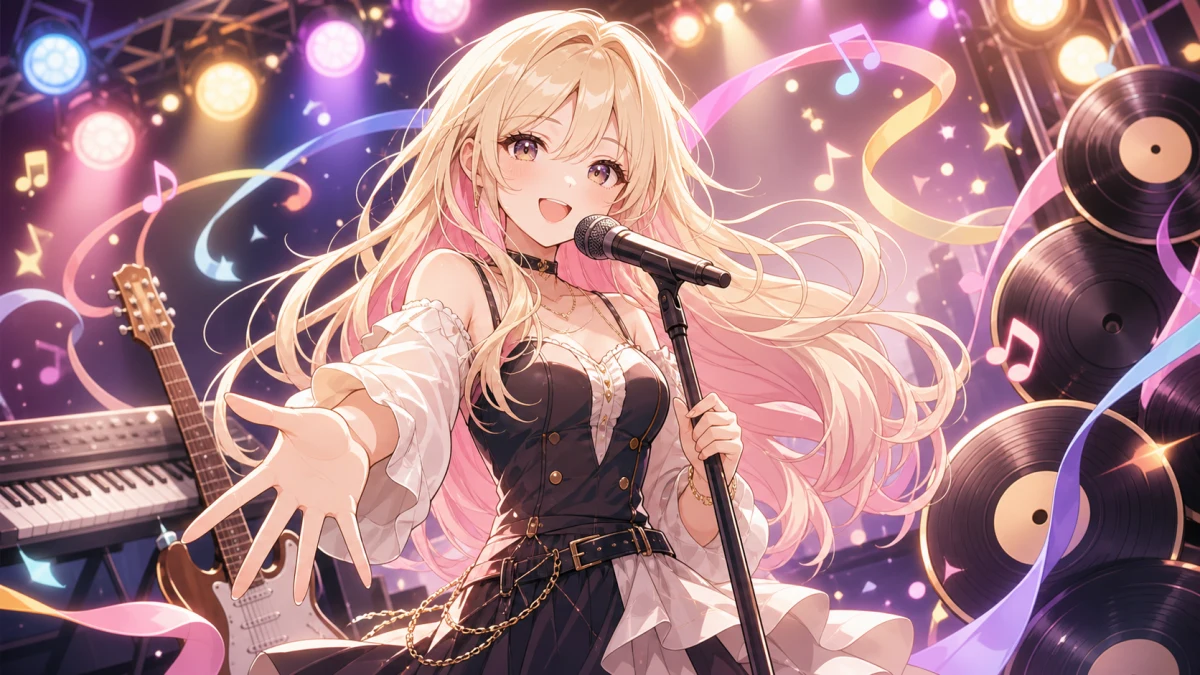 女性キャラクターがマイクの前で曲順カード、音符、ライトの並ぶステージを見つめるイメージ