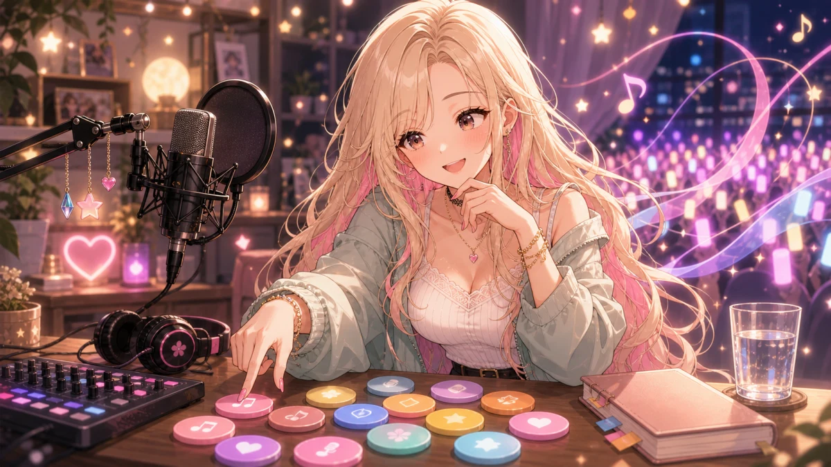 女性キャラクターが色付きの曲選びチップとヘッドホンを前に次の曲を選ぶイメージ