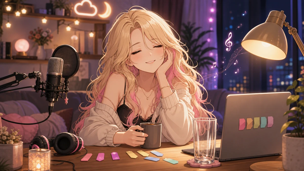 女性キャラクターが配信終了画面、ショート動画メモ、夜配信カレンダーを確認するイメージ