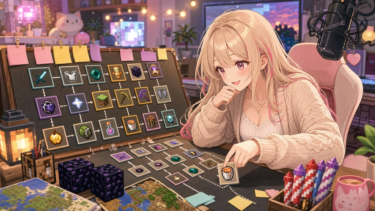 配信部屋で女性キャラクターがMinecraft風の進捗ボードと黒曜石、地図、作業メモを見比べるイメージ