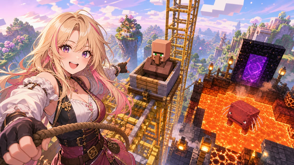 Minecraft風の高い足場で女性キャラクターが村人用ボートと溶岩湖のストライダーを指さすイメージ