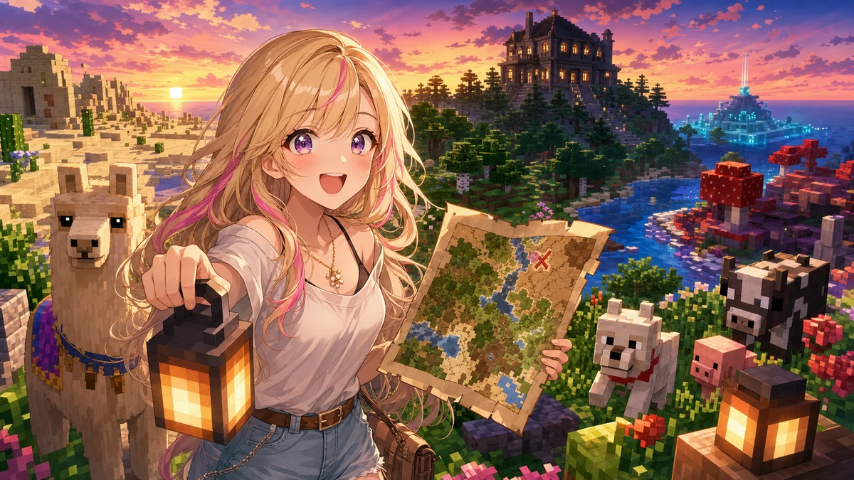 夕暮れのMinecraft風フィールドで女性キャラクターが地図、ラマ、森の洋館の影を見ながら進むイメージ