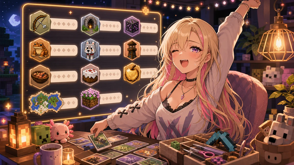 夜の配信デスクで女性キャラクターが進捗リスト、弓、ネザライト鉱石、動物メモを整理するイメージ