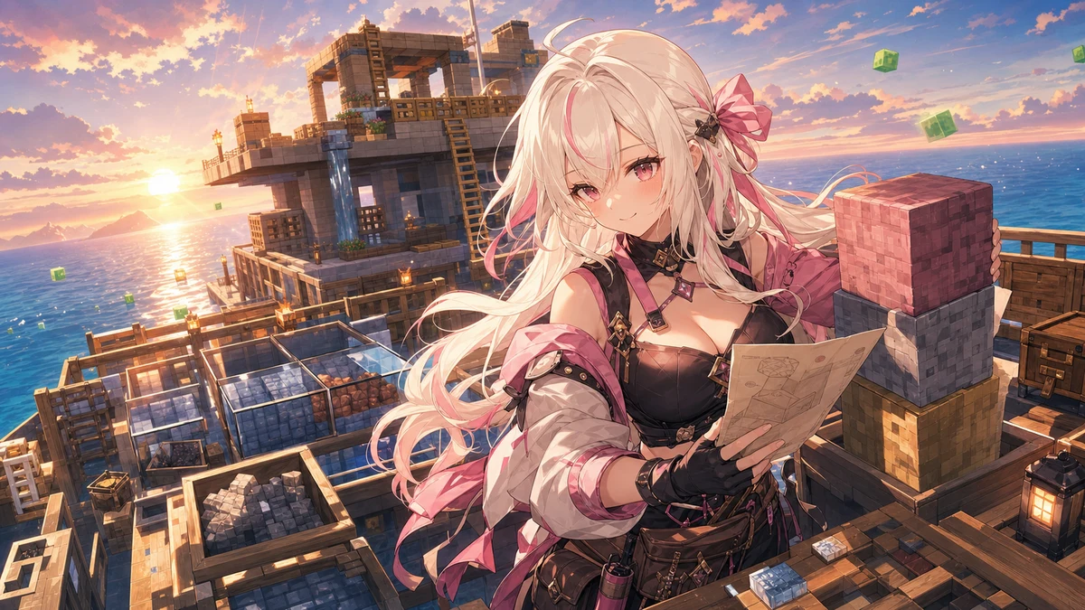 海上の足場でブロックと梯子を抱えて設計を確認するオリジナル女性キャラクターのイメージ
