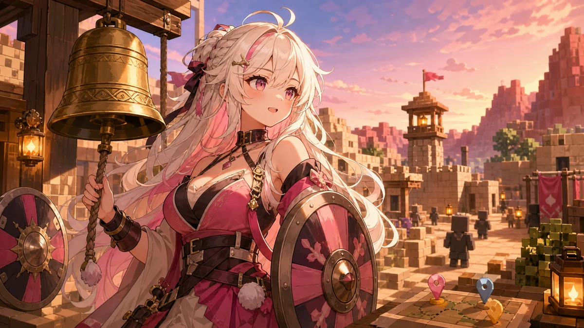 砂漠の村の外れでベルと盾を手に周囲を探すオリジナル女性キャラクターのイメージ