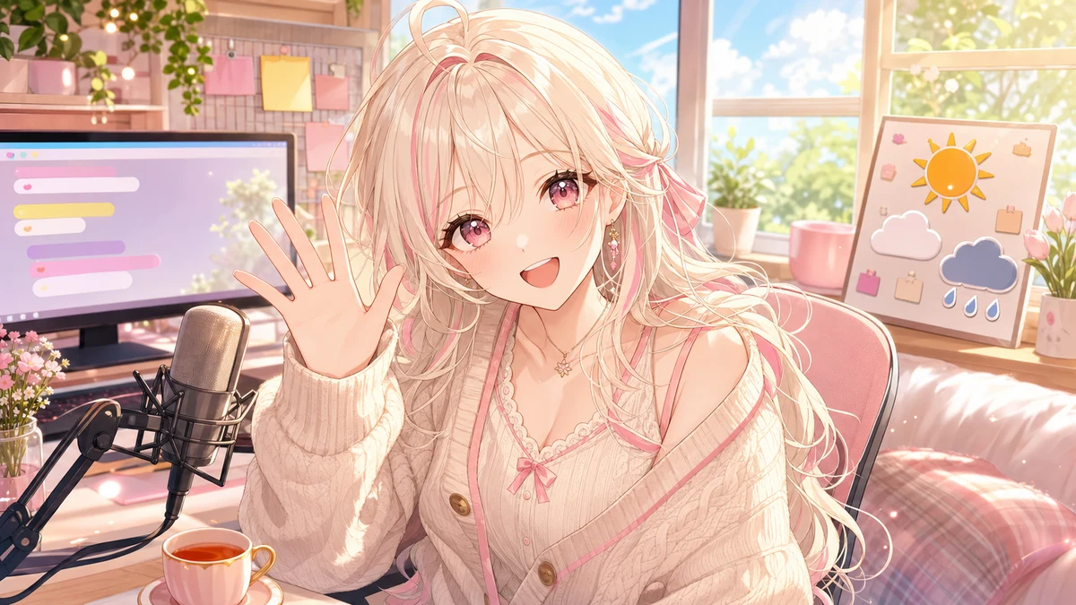 朝の配信部屋で女性キャラクターが窓辺の天気アイコンと配信モニターを見ながら手を振るイメージ