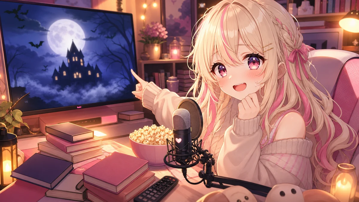 明るい部屋で女性キャラクターがホラー漫画と映画リモコンを前に驚きつつ笑うイメージ