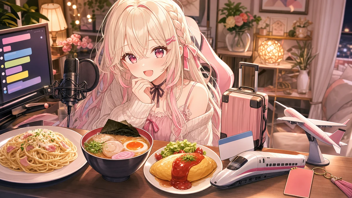 カフェ風の配信机で女性キャラクターが大きなパスタ皿、飛行機チケット、ホテルキーを並べて考えるイメージ