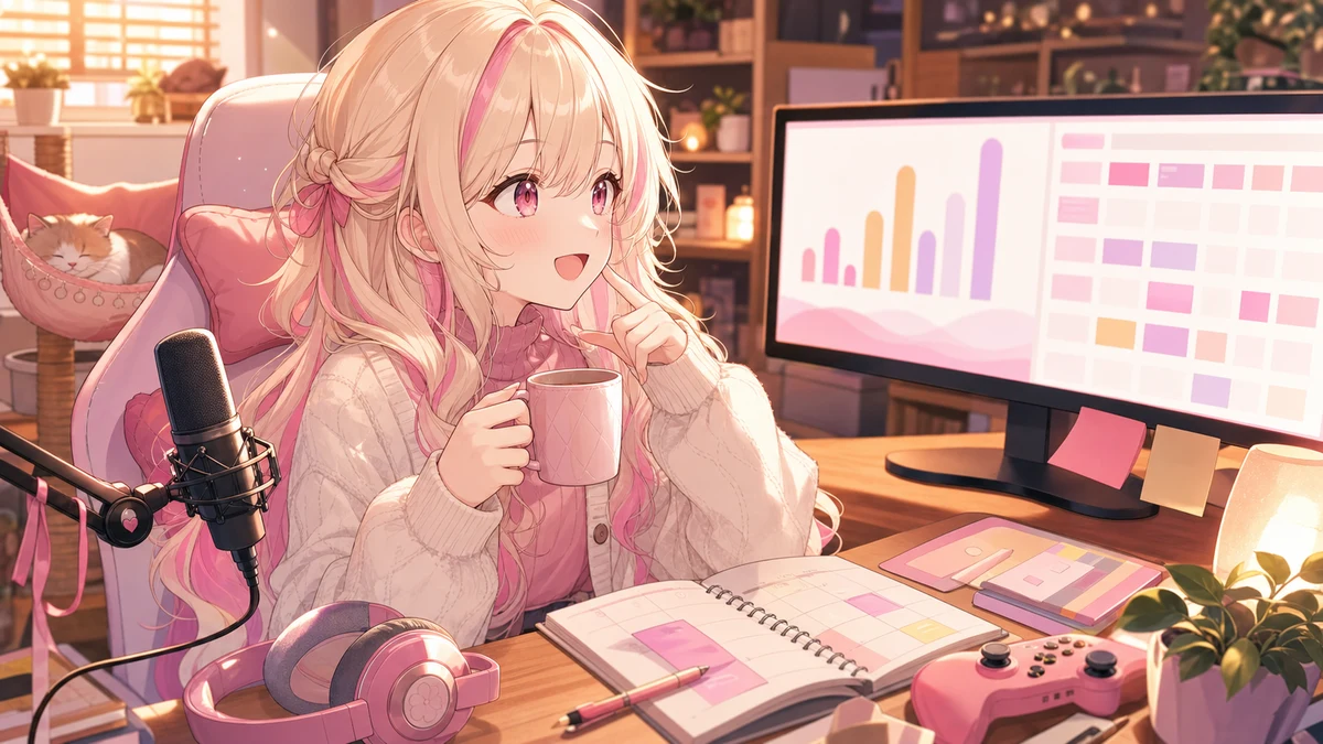 女性キャラクターが配信画面の登録者カウンターと猫用ハンモックを見守る明るい部屋のイメージ
