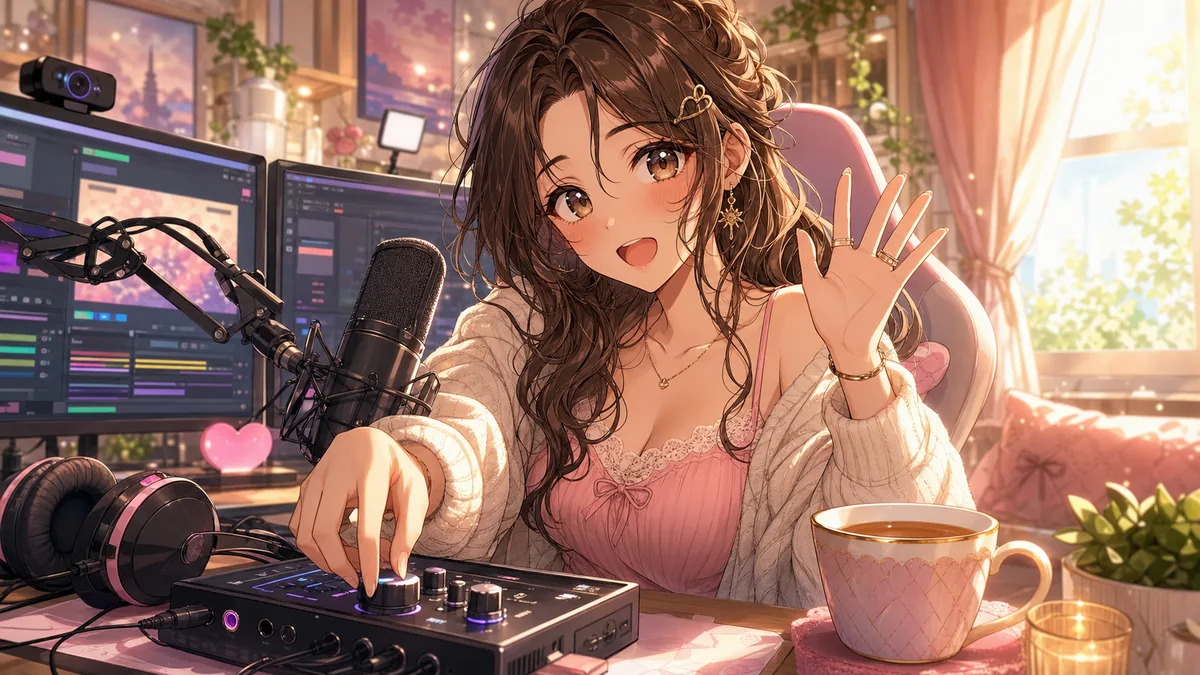 朝日の入る配信部屋で女性キャラクターがマイクと音声機材を調整して手を振るイメージ