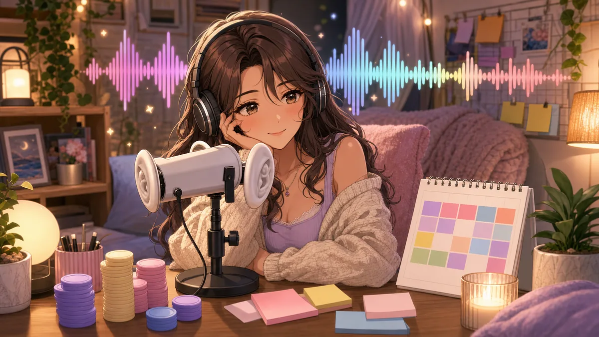 夜の部屋で女性キャラクターがASMRマイクと音声波形を前に収録準備をするイメージ