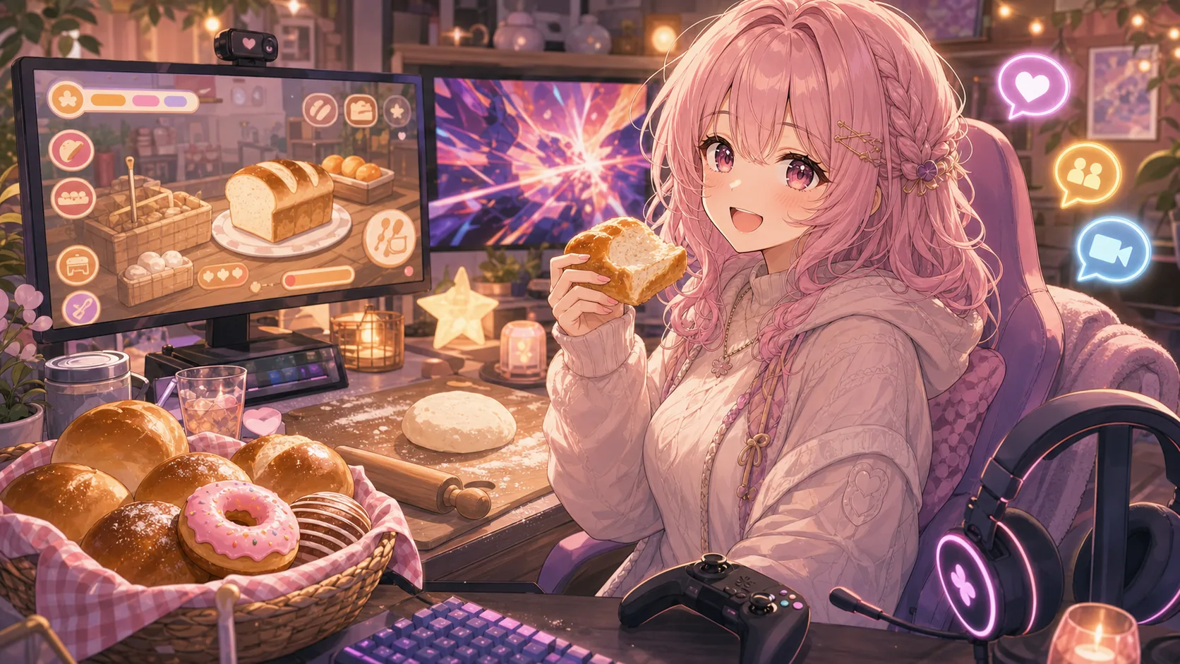 ベーカリーゲームのパン、APEX用コントローラー、休日メモを並べて話すオリジナル女性キャラクターのイメージ