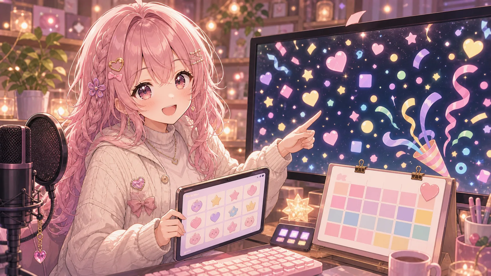 5月末の目標メモ、メンバーシップスタンプ、ハート演出を配信画面で確認するオリジナル女性キャラクターのイメージ
