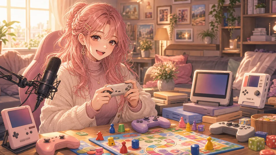 レトロゲーム機風の小物とパーティーゲームの盤面を囲むオリジナル女性キャラクター