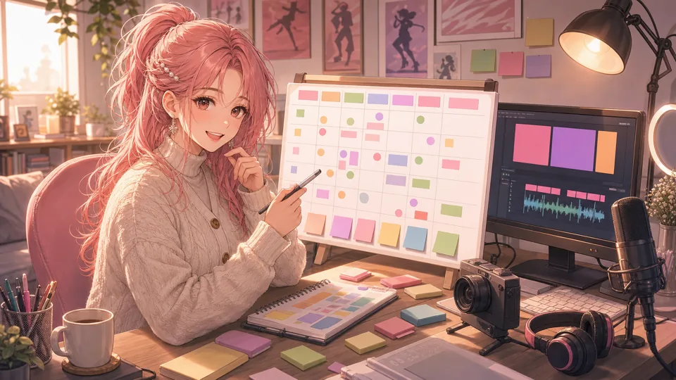 配信スケジュールのカレンダーと動画編集画面を前に計画を立てるオリジナル女性キャラクター