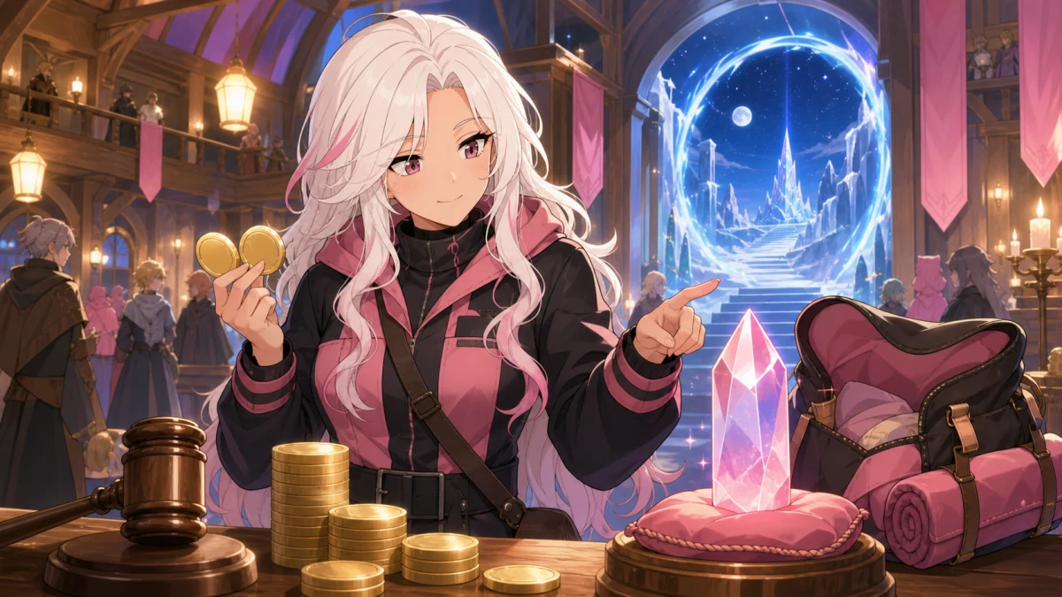 明るいゲームラウンジで競売端末と冒険用バッグを確認する女性冒険者のイメージ