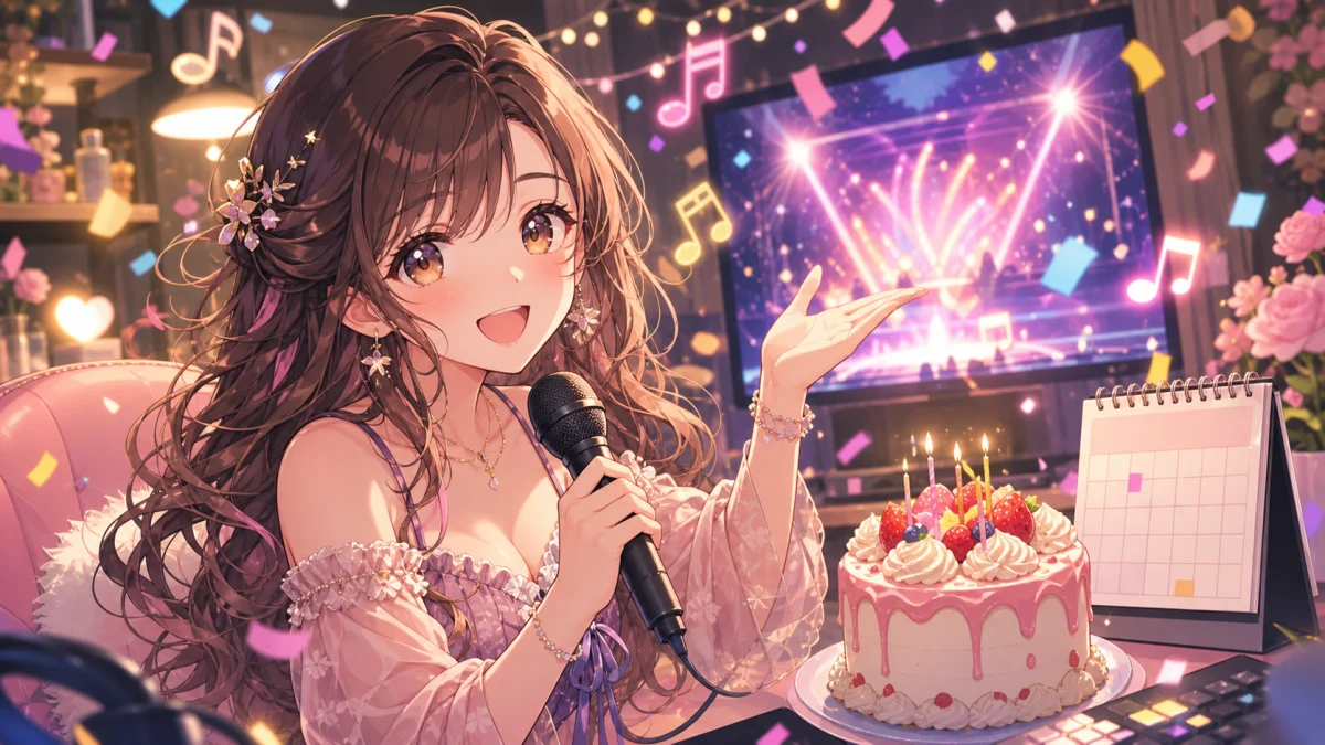 マイクを持つ女性キャラクターとケーキ、配信画面、紙吹雪が並ぶ明るい記念ステージ
