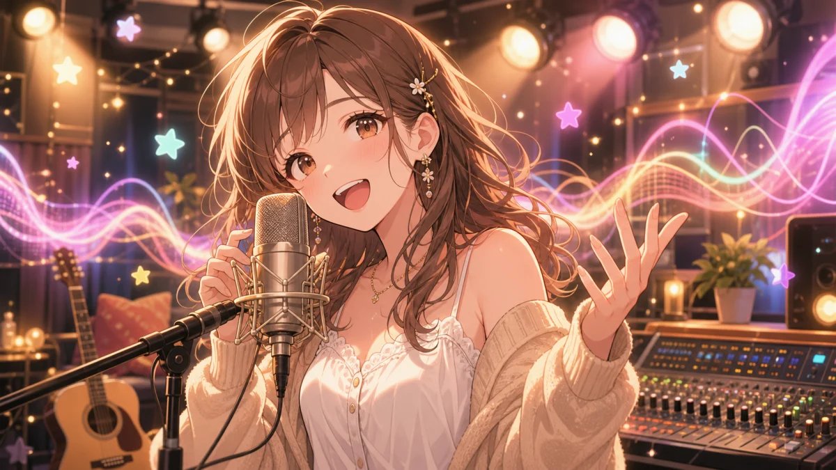 録音スタジオで歌う女性キャラクターと光の波形、ミキサー、ギター