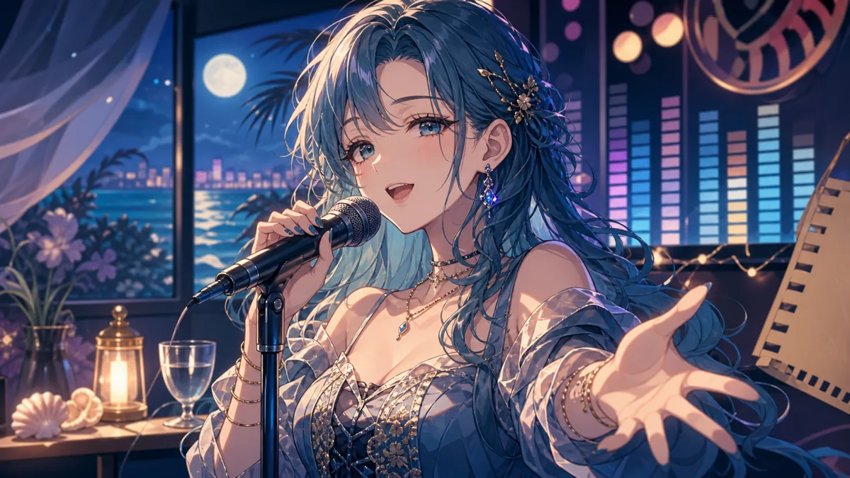 夏曲から低めの声へ移る夜のステージで歌うオリジナル女性キャラクターのイメージ