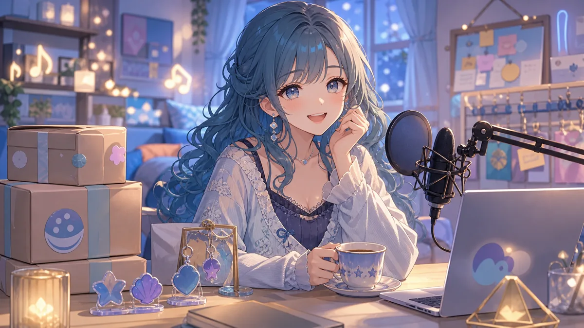 グッズの包みや作業机を前に曲間雑談をするオリジナル女性キャラクターのイメージ
