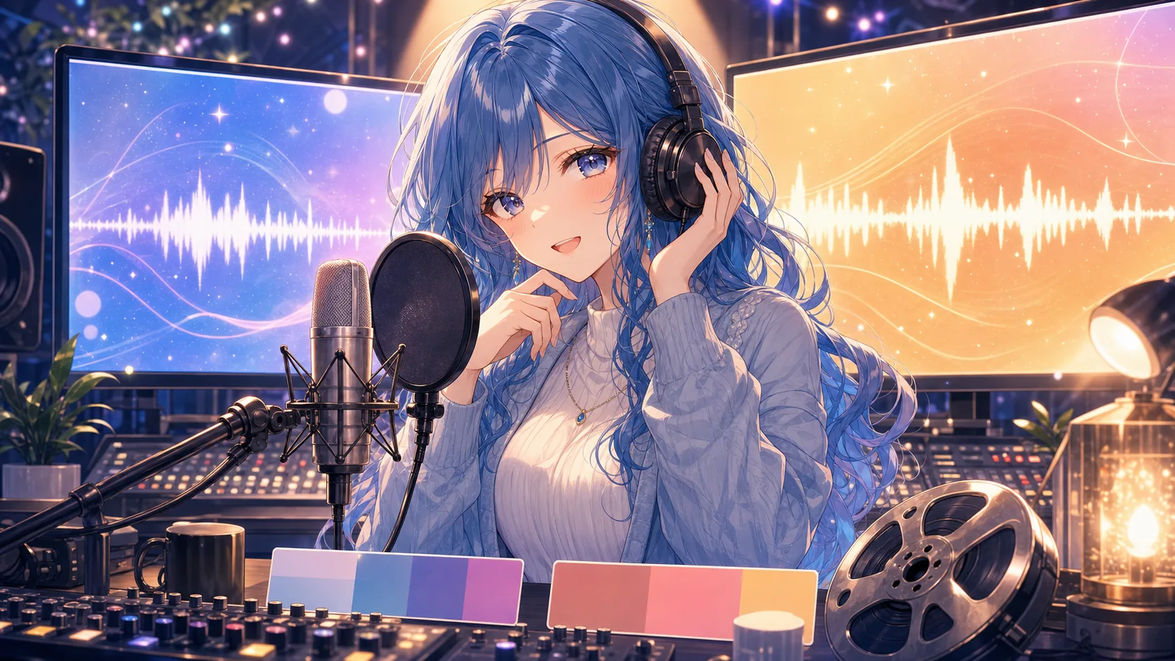 本家動画とカバー動画の波形を聴き比べるオリジナル女性キャラクターのイメージ