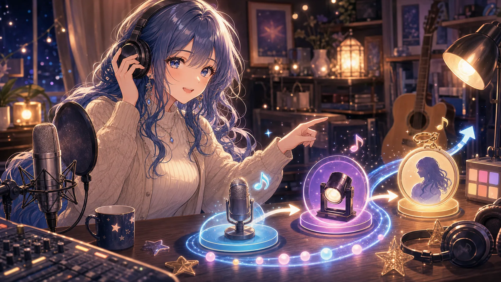 歌動画の入口をマイクや灯りでたどるオリジナル女性キャラクターのイメージ