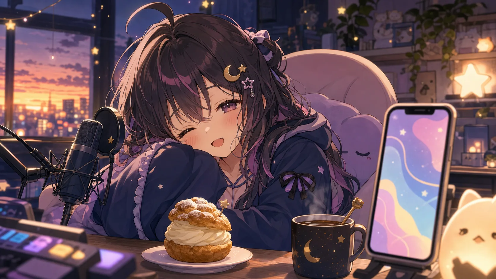 夕方の配信机でシュークリームとマイクを前に眠そうに笑うオリジナルキャラクターのイメージ