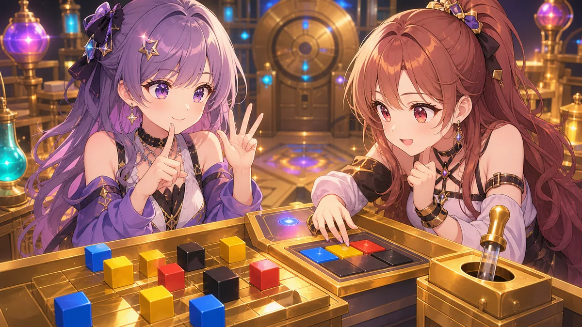 金色のブロックと色付きの花を前に謎解きメモを整理するオリジナル女性キャラクターたちのイメージ
