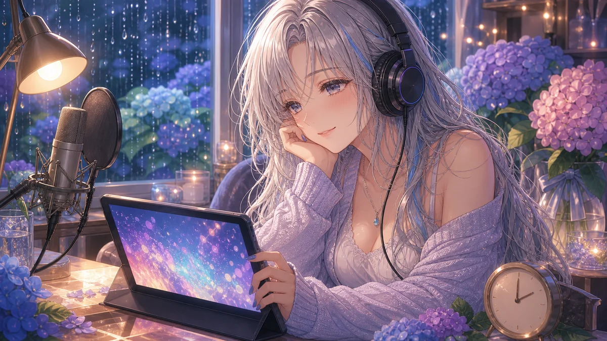 雨の夜にヘッドホンで短い音楽動画を聴くオリジナル女性キャラクターのイメージ