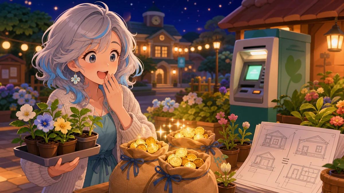 島の広場でベル袋や花の苗を受け取り驚くオリジナル女性キャラクターのイメージ
