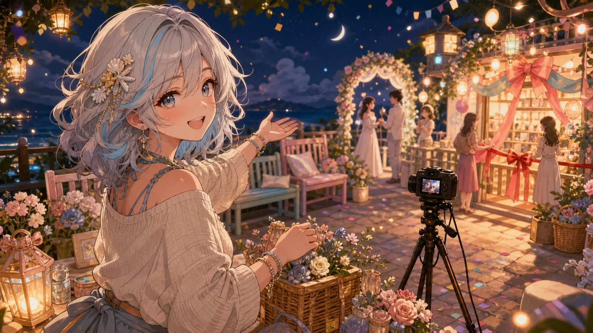 ウェディング撮影セットと小さな商店セレモニーを見守るオリジナル女性キャラクターのイメージ
