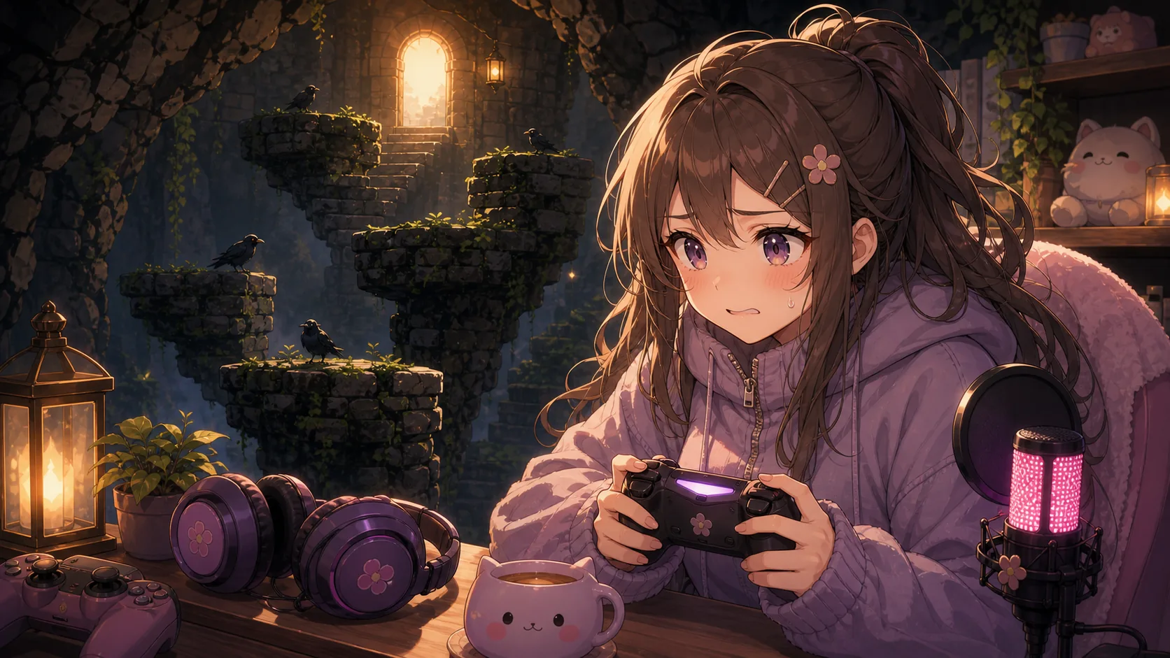 アンダーバーグ風の石段とカラスの影を前にジャンプの作戦を考えるオリジナル女性キャラクターのイメージ