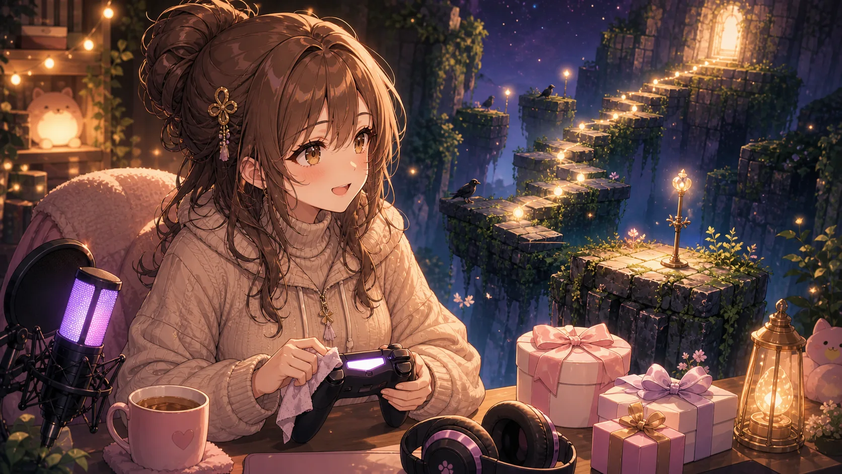 夜の配信部屋で次回のスタート位置メモとグッズ告知を整理するオリジナル女性キャラクターのイメージ