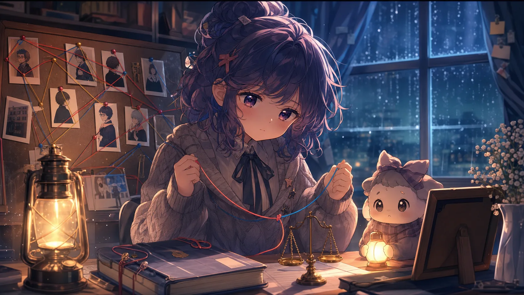 学校ノートと関係図を前に重い会話を受け止めるオリジナルキャラクターのイメージ