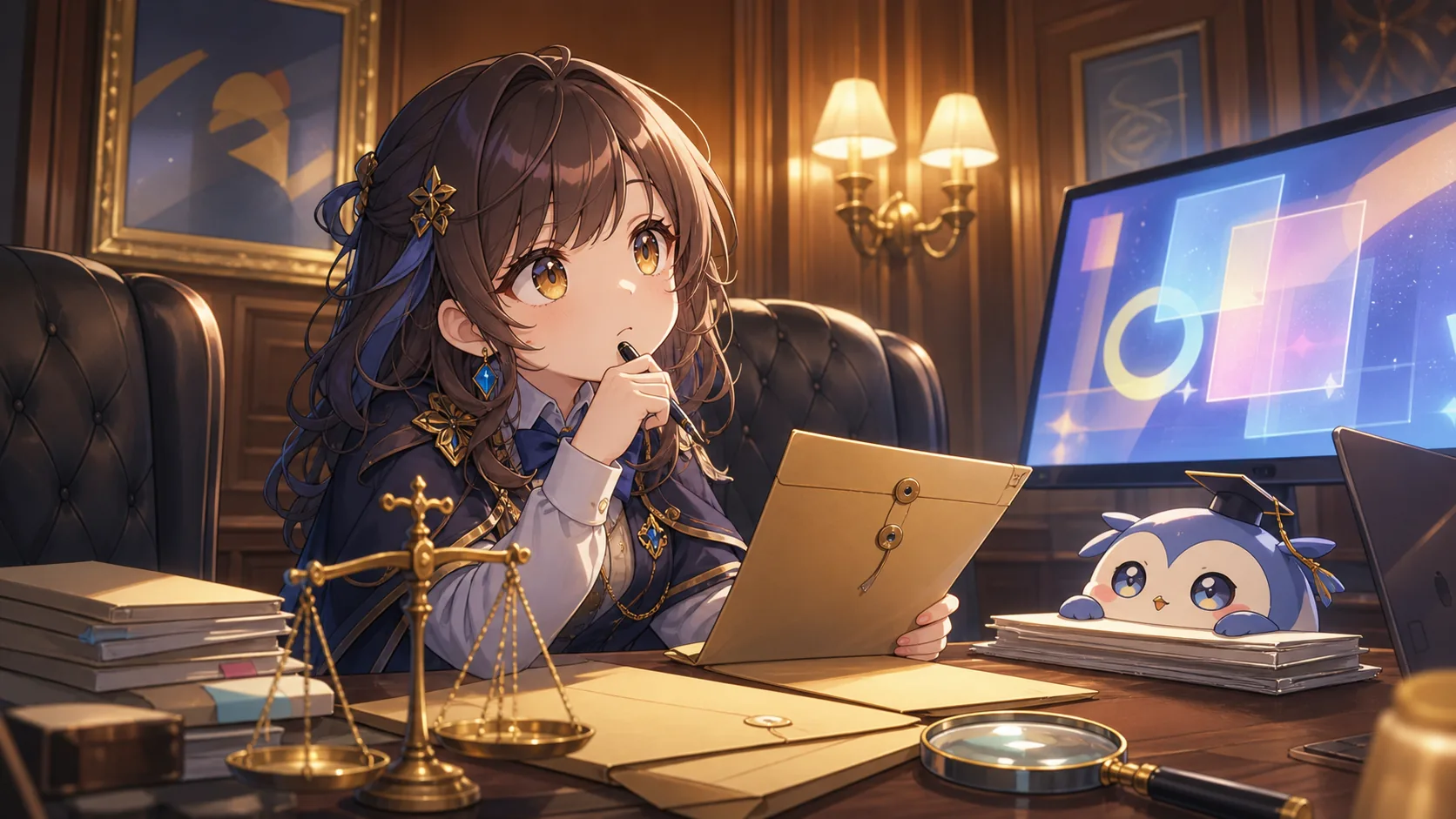 裁判会議の書類と証拠を見比べるオリジナルキャラクターのイメージ