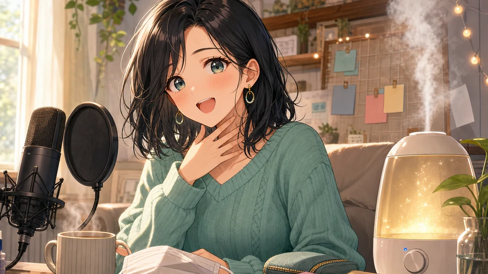 朝の配信部屋でマイクと加湿器とニュースメモを前に、明るく手を振るオリジナル女性キャラクターのイメージ