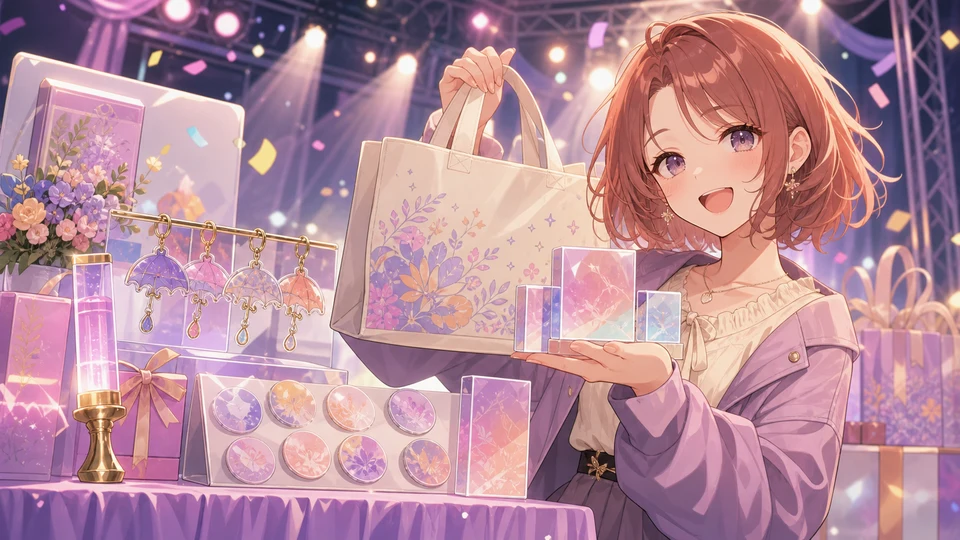 記念グッズの小物、トートバッグ、春色のカード、ライブの照明を背景に喜ぶオリジナル女性キャラクターのイメージ