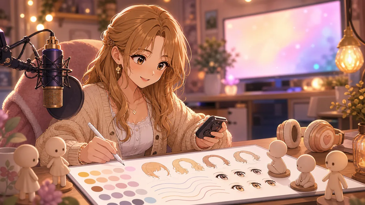 キャラクリ画面を前に細部を調整するイメージ