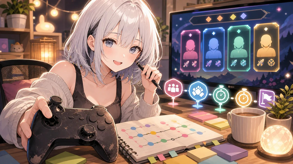 アーカイブの時間メモとゲームパッドを机上で整理するオリジナルキャラクターのイメージ